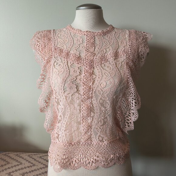 Suzy Shier Tops - Elegant Lace Scallop Mock Neck  Lace Top Eyelet Detail Sheer